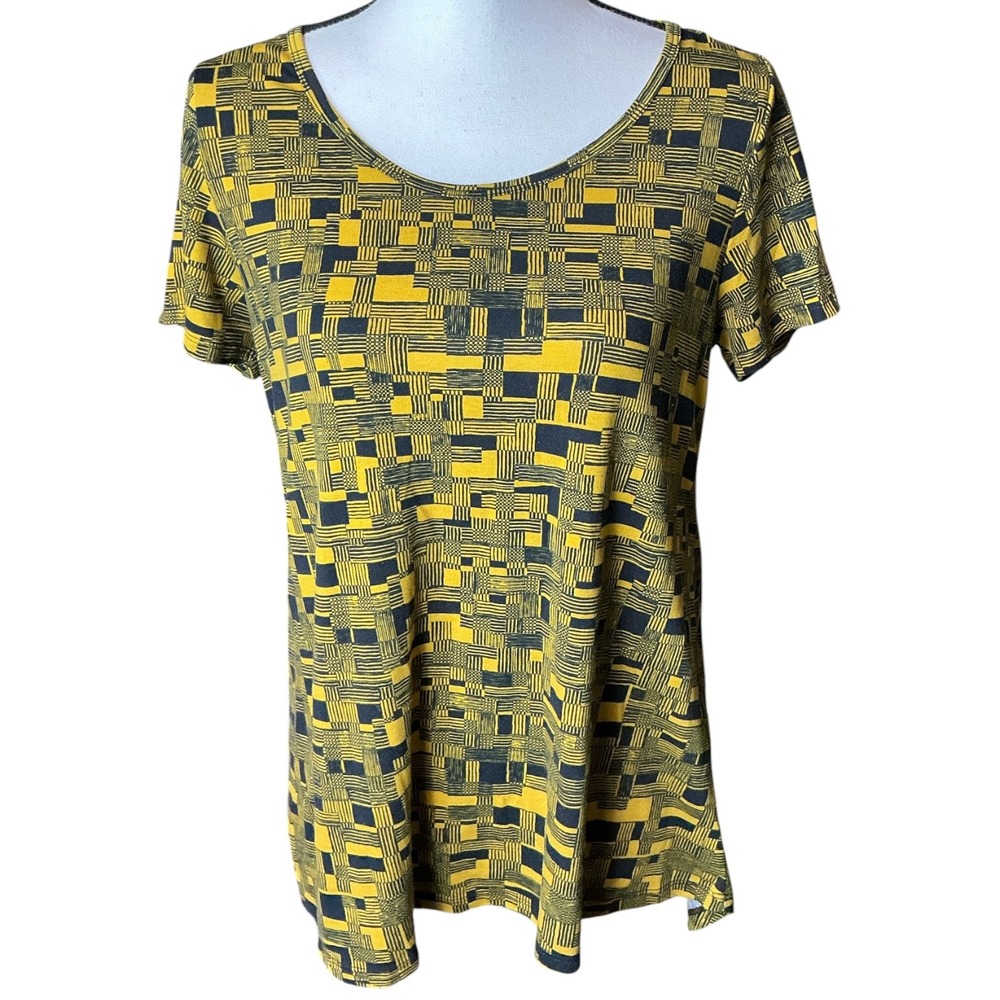 LuLaRoe Yellow Geometric Irma Tunic Women Size Small Short Sleeve High Low Top